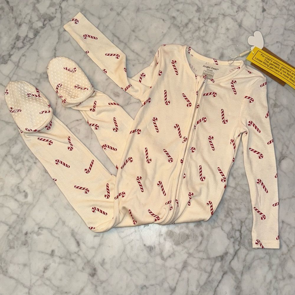 NWT Angel Dear Cream and Red Candy Cane Kids Footie 18/24M